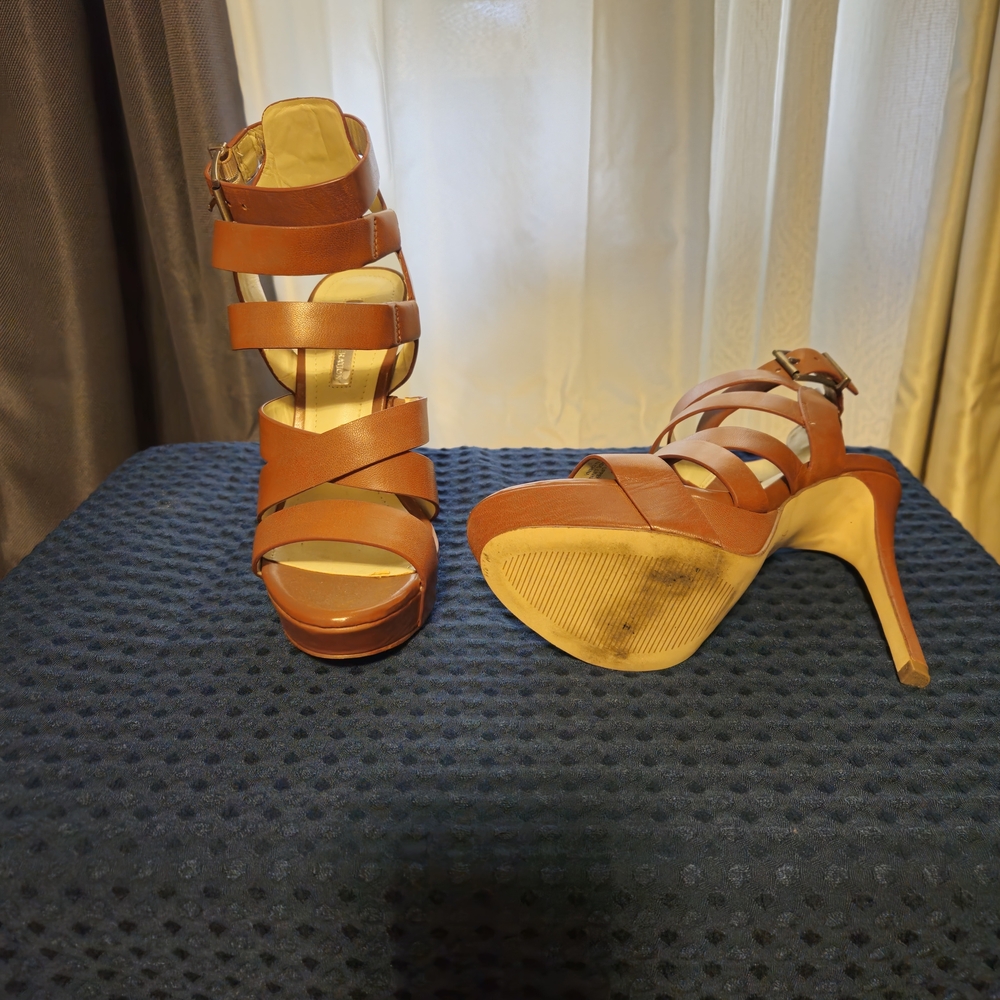 BCBG Elegant Tan Strappy High Heel Sandals, Size 6